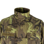 Close-up of the Czech Army M95 field jacket collar and chest pockets with Velcro attachment points.