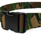 Angled close-up of the secure black plastic buckle on a 2-inch wide Dutch Army surplus woodland camo belt.