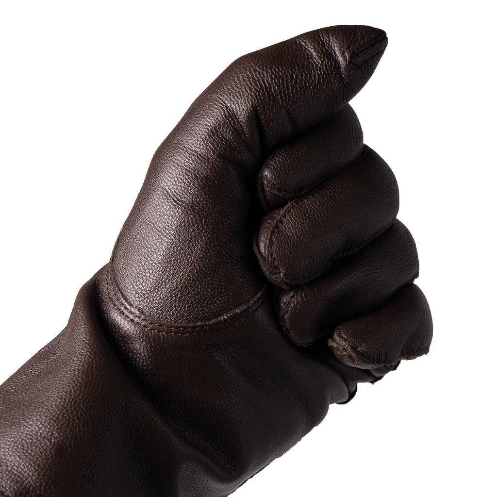 Side profile of a Dutch Army leather glove in a fist position, showing flexibility and extended wrist cuff protection.