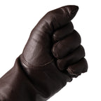 Side profile of a Dutch Army leather glove in a fist position, showing flexibility and extended wrist cuff protection.