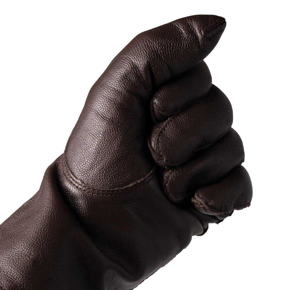 Side profile of a Dutch Army leather glove in a fist position, showing flexibility and extended wrist cuff protection.