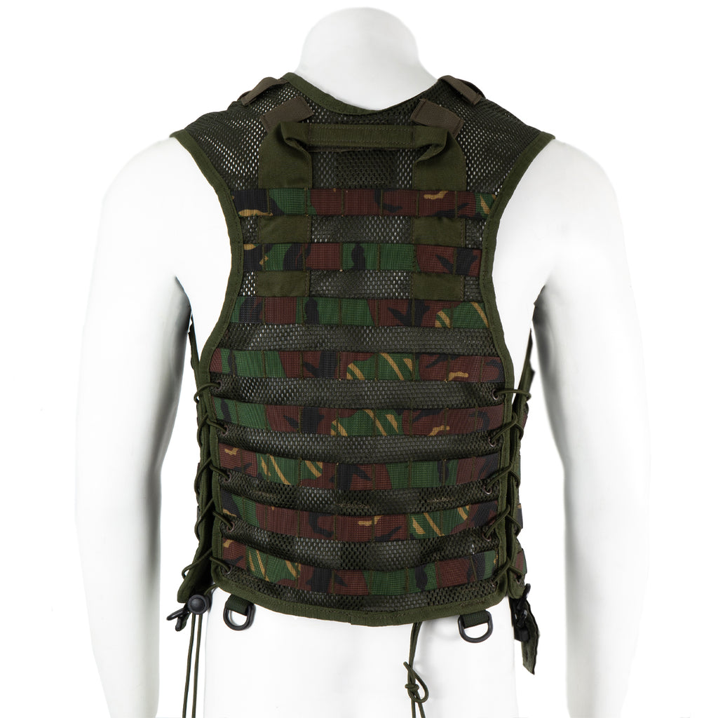 Rear view of the Dutch Army woodland camo tactical vest showcasing the back panel, MOLLE webbing, and carry handle.