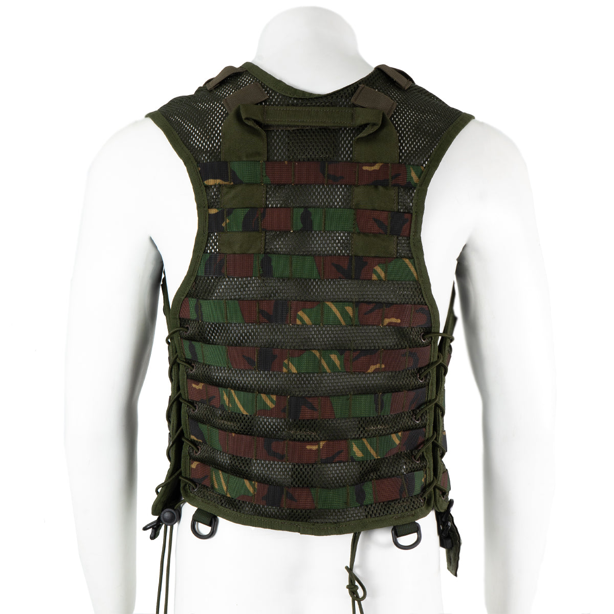 Rear view of the Dutch Army woodland camo tactical vest showcasing the back panel, MOLLE webbing, and carry handle.