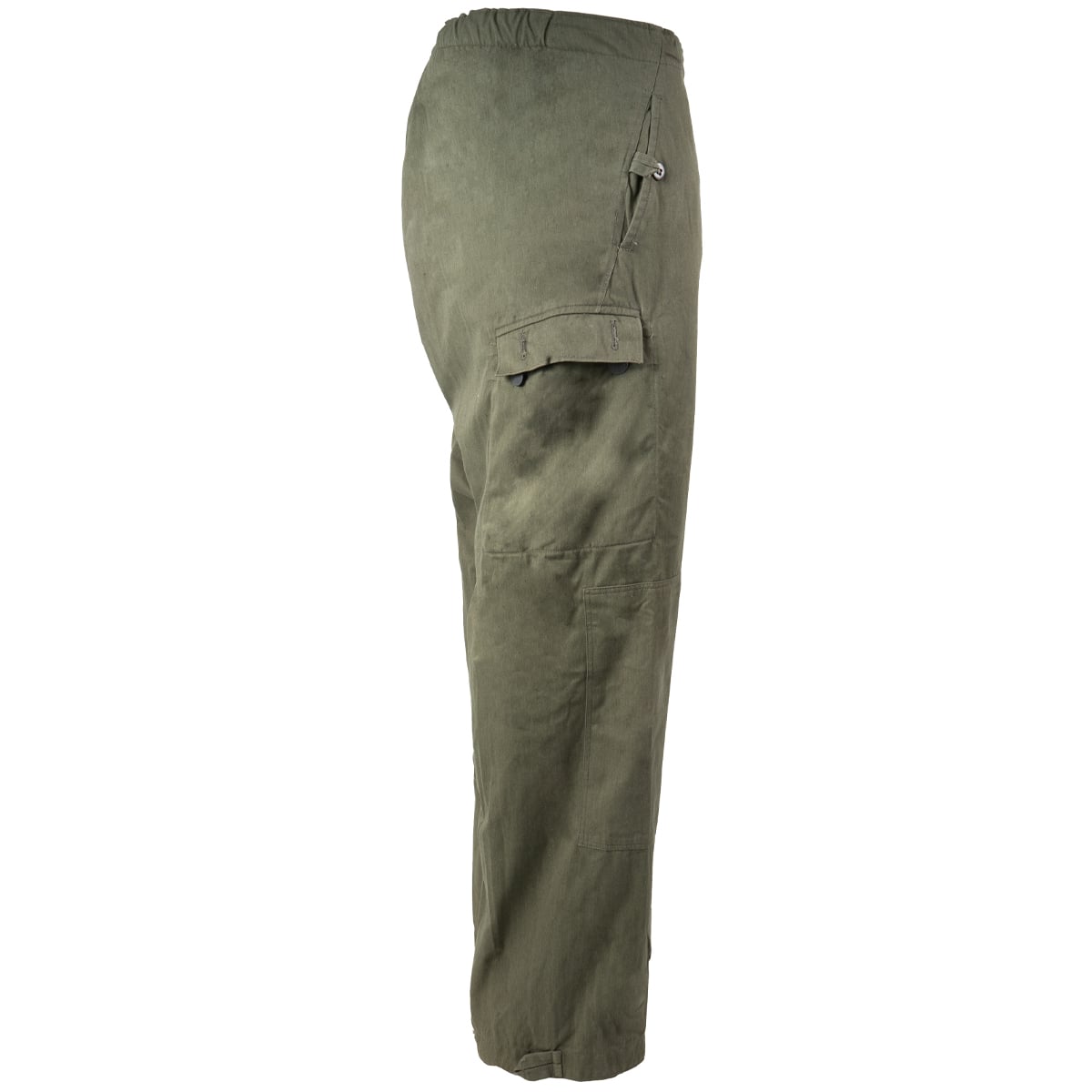 Side profile of East German NVA field trousers, displaying the cargo pocket detail and classic Cold War era surplus design.