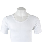 Close-up detail of the crew neck collar and upper torso of the white German Army cotton undershirt, showcasing the breathable ribbed knit quality.