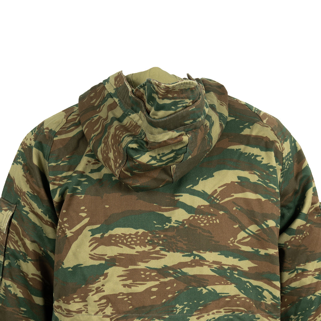 Close-up of the integrated hood detail on a genuine Greek Army M65 field jacket in Lizard camouflage.