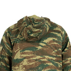 Close-up of the integrated hood detail on a genuine Greek Army M65 field jacket in Lizard camouflage.