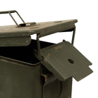 Open view of the Italian Army steel ammo can showing the interior storage area and the secure hinged lid mechanism.