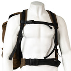 Front view of the Pattern 83 backpack on a mannequin, highlighting the adjustable chest strap and buckle system for secure fit during patrols.