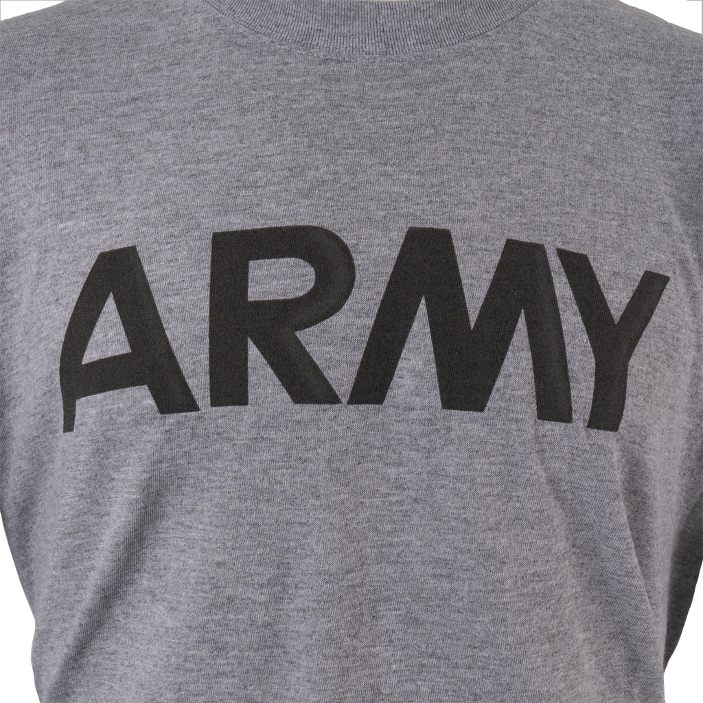 Close-up detail of the grey breathable cotton fabric and the bold, reflective ARMY print on the front of the surplus shirt.