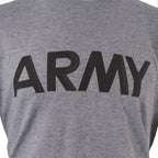 Close-up detail of the grey breathable cotton fabric and the bold, reflective ARMY print on the front of the surplus shirt.