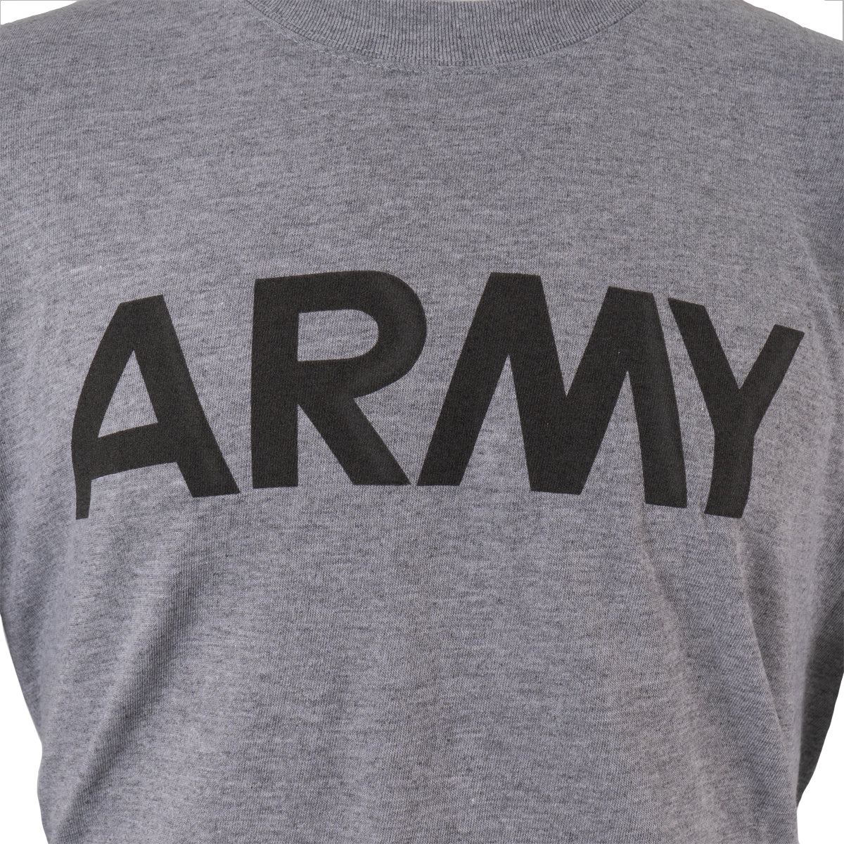 Close-up detail of the grey breathable cotton fabric and the bold, reflective ARMY print on the front of the surplus shirt.