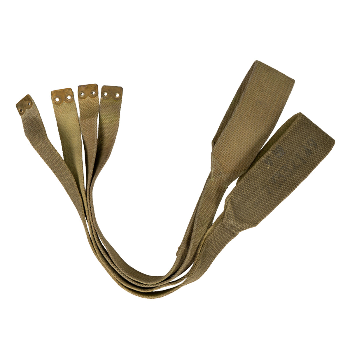 Full pair of tan 37 Pattern cross straps with brass fittings, designed for load-carrying equipment.