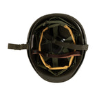 Interior view of the US M1 helmet showing the adjustable plastic liner system and straps.