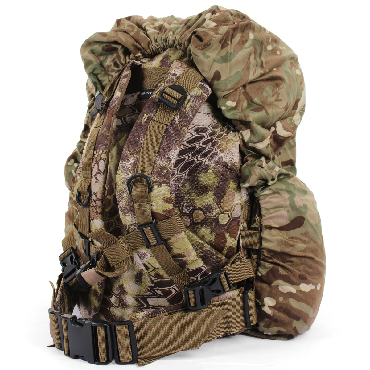 Side profile of a military daypack with the genuine MTP cover, highlighting how it leaves shoulder straps unobstructed.