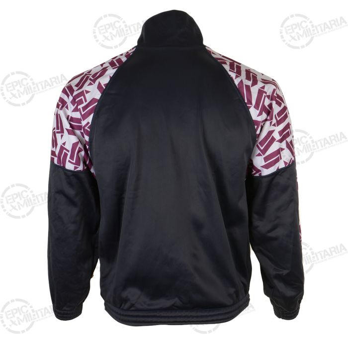 Original French Autun military sports jacket back view showing dark navy body and patterned shoulders
