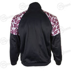 Original French Autun military sports jacket back view showing dark navy body and patterned shoulders