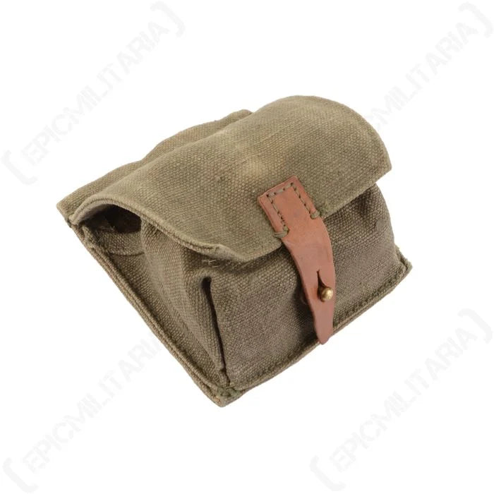 Angled side view of Grade 1 Soviet Russian canvas grenade pouch