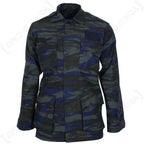 Front view of Greek Airforce blue lizard camo combat jacket showing four cargo pockets and epaulettes