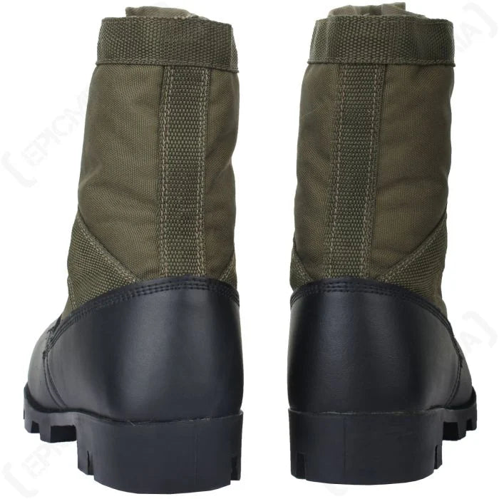 Rear view of US Panama jungle boots showing black leather heel counter and reinforced spine strap