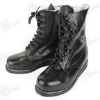 Pair view of German winter pilots boots displaying full leather upper and speed hooks
