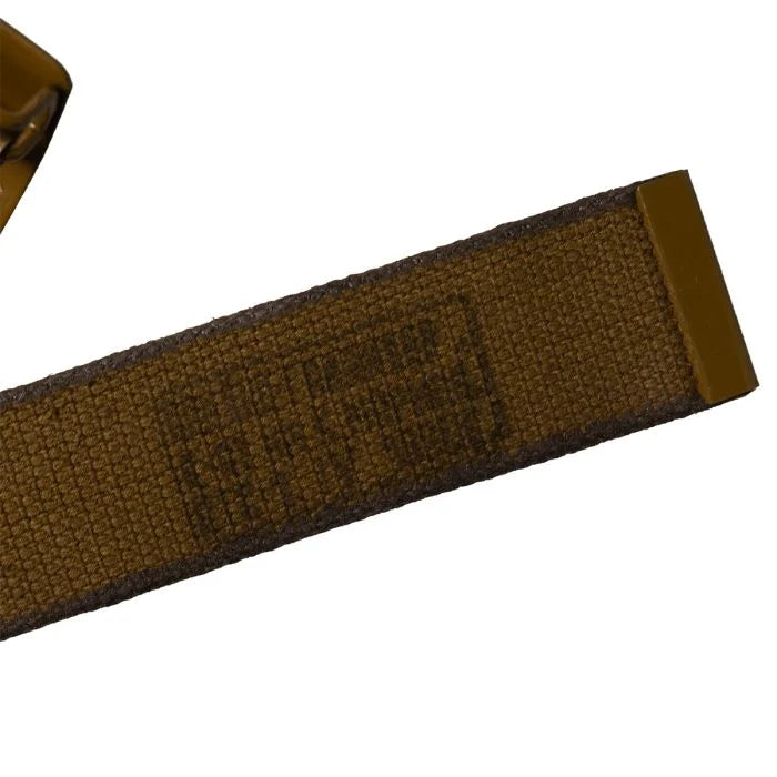 Detailed close-up of the inner brown cotton webbing and military stamp on the Russian surplus belt.