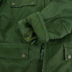 Close-up of snap buttons and two-way front zipper