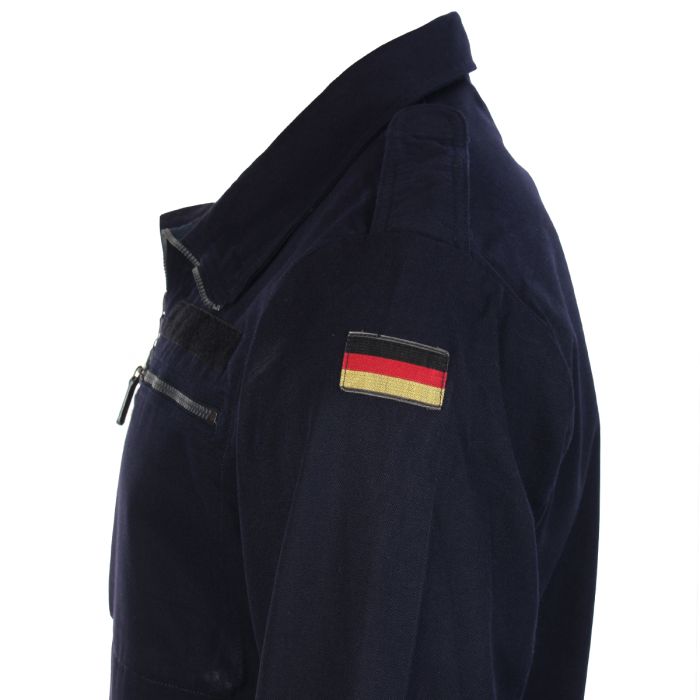 Detail view of German flag emblem patch on navy blue jacket shoulder