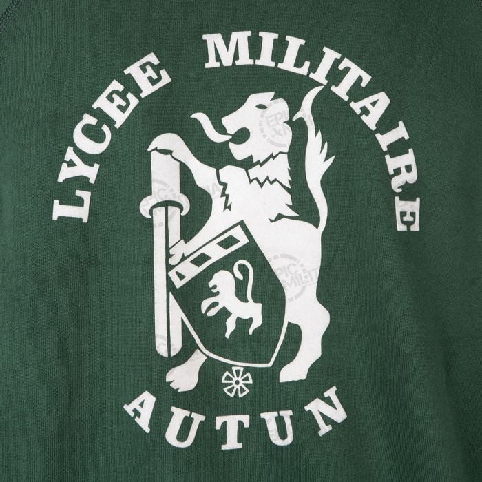 Close-up of white Lycée Militaire Autun emblem print on back of jumper