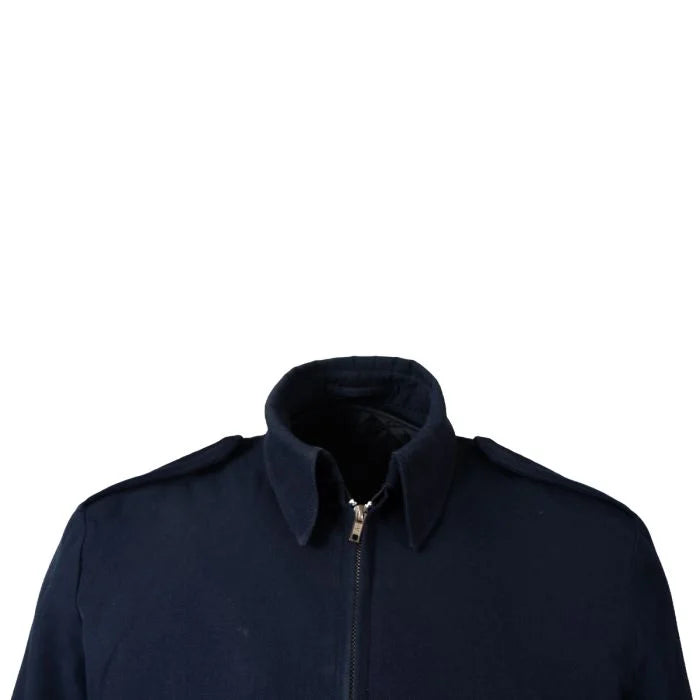Close-up detail of the classic fold-down collar and shoulder epaulettes of the RAF jacket.