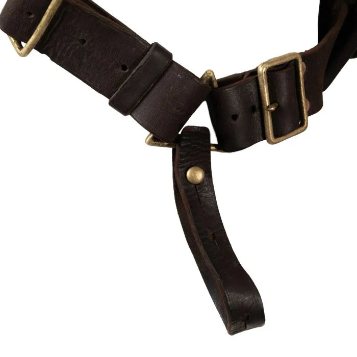 Detailed view of the brass adjustment buckle and securing strap loop on the WW2 1903 Pattern bandolier