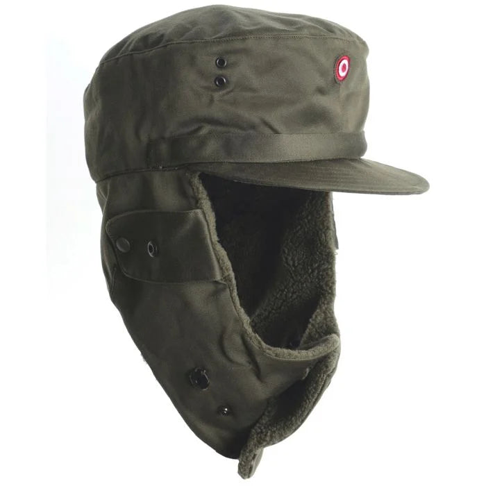 Front-side profile of Austrian Army winter cap with fleece ear flaps folded down and chin strap secured