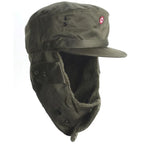 Front-side profile of Austrian Army winter cap with fleece ear flaps folded down and chin strap secured