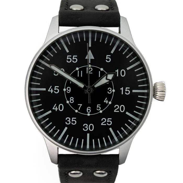 WW2 German Luftwaffe Beobachtungsuhr Type B black dial watch face with luminous hands and onion crown