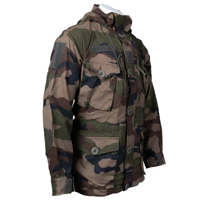 Side profile of French Army FELIN T4 jacket showing sleeve pockets and elbow reinforcements