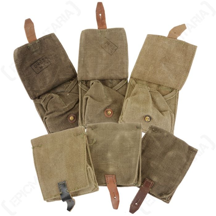 Group of open and closed Soviet Army grenade pouches showing internal cells and OTK stamps