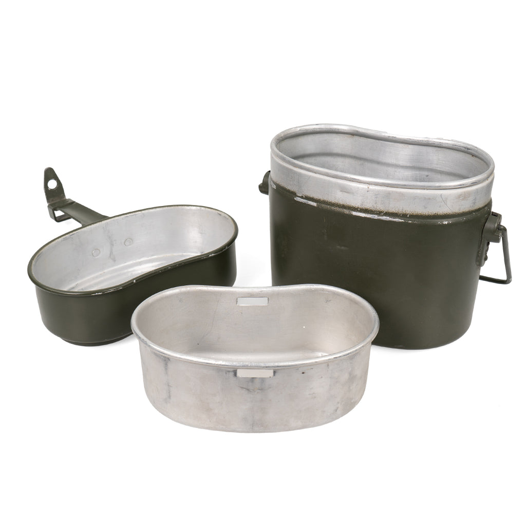 Austrian Army mess tin set with three nested components including a boiling pot, middle tray, and lid in olive painted aluminium.