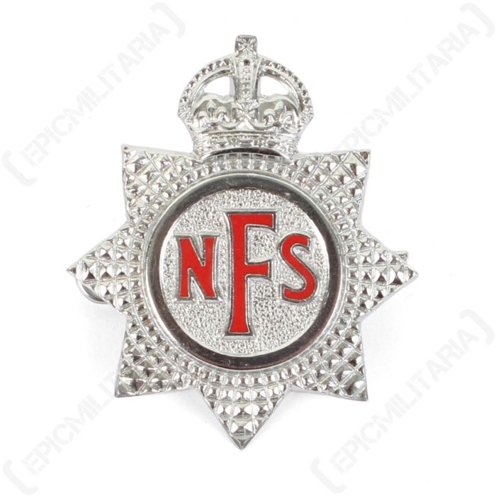 Front view of original British WW2 National Fire Service cap badge with King's Crown and red enamel NFS lettering