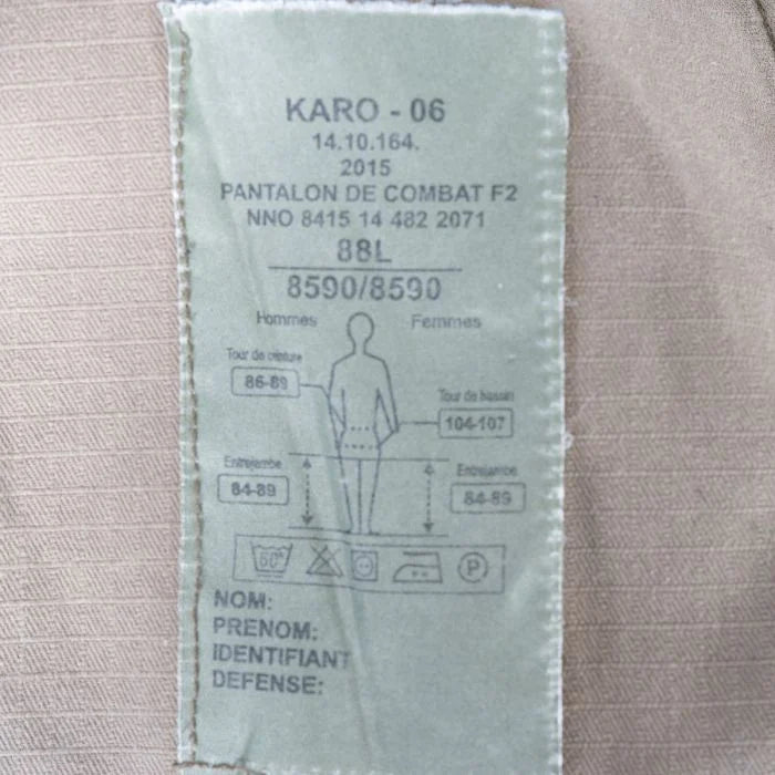 Close-up of original French military issue label showing size 88L and NNO NATO code