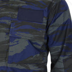 Close-up detail of chest pocket and patch panel on Greek Airforce blue lizard combat jacket