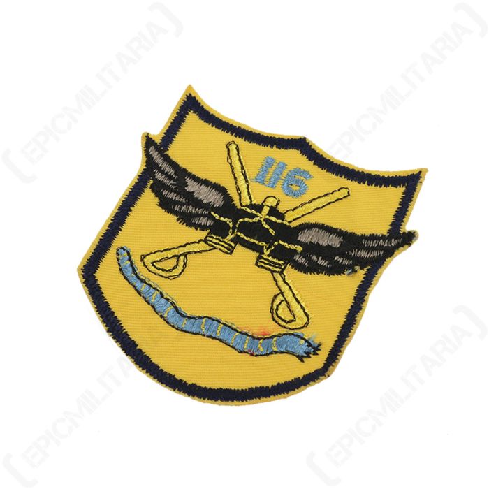 Close-up view of embroidered details on original US 116th Air Cavalry shoulder patch