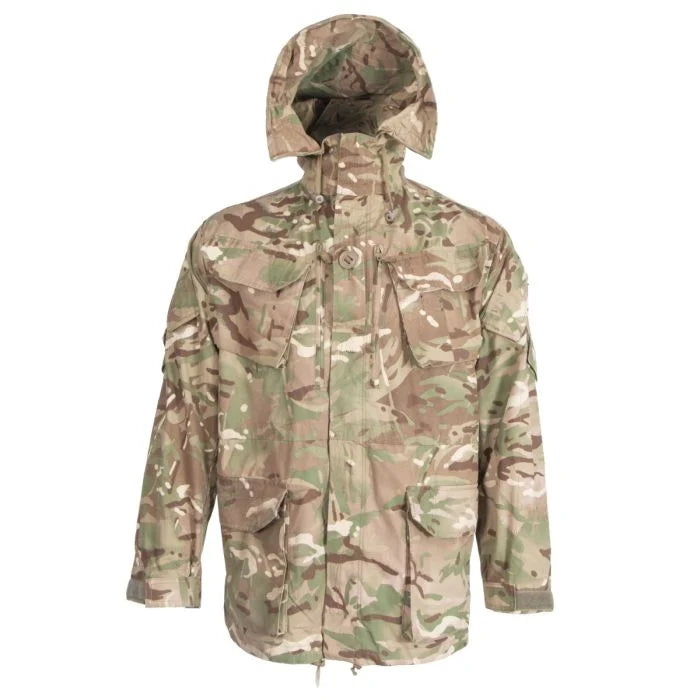Front view of British Army PCS MTP smock with wired hood raised and fastened
