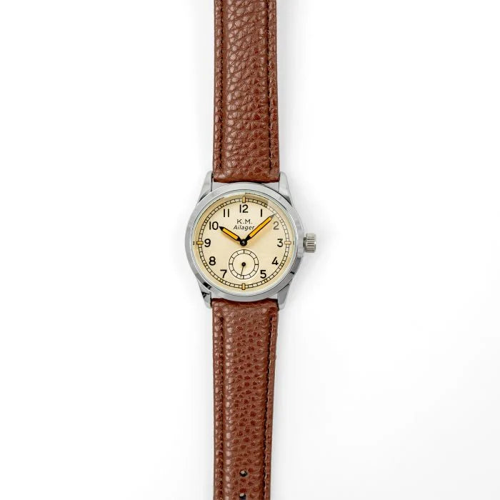 Full lay-flat front view of German Kriegsmarine wrist watch and brown strap