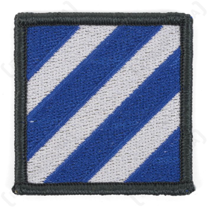 Front view of original US 3rd Infantry Division embroidered square patch with blue and white stripes