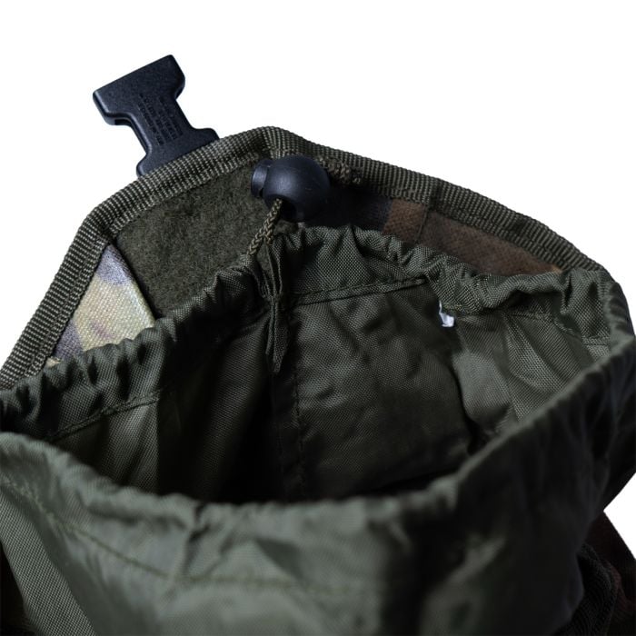 Internal view of a Dutch DPM utility pouch displaying the green water-resistant nylon snow collar and drawstring toggle.