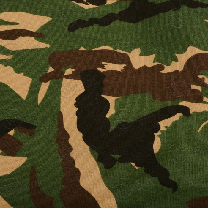 Close up fabric detail of 100% cotton Dutch woodland camo knit