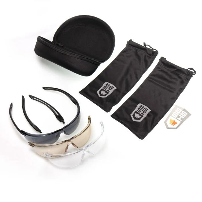 Complete Bollé Gunfire tactical glasses kit with three interchangeable lenses and microfiber pouches