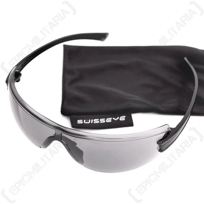 Swiss Eye F-22 safety glasses in smoke tint with black microfibre protective pouch