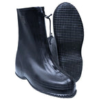 Front profile of black German Army rubber overshoe boots, highlighting the YKK front zipper and the non-slip textured waffle sole.