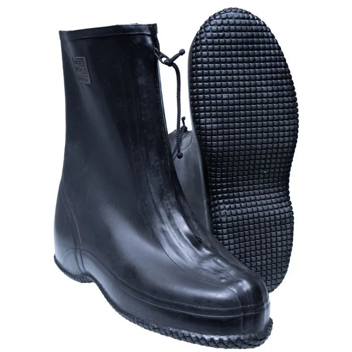 Front profile of black German Army rubber overshoe boots, highlighting the YKK front zipper and the non-slip textured waffle sole.